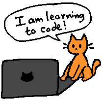 A drawing of a cat standing at a laptop, a word balloon shows the cat saying, ''I am learning to code!'';

