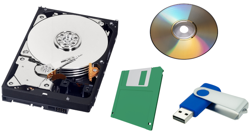 An image of a hard drive, a floppy disk, a USB stick, and a CD.