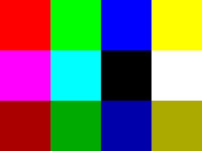 An image of 12 pixels: red, green, blue, yellow, magenta, cyan, black, white, then a darker red, darker green, darker blue, darker yellow.