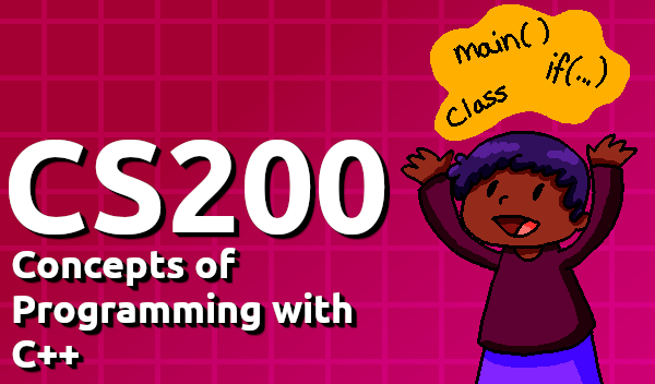A thumbnail for CS 200: Concepts of Programming with C++, with a drawing of a student looking happy and course topics glowing above their head.
