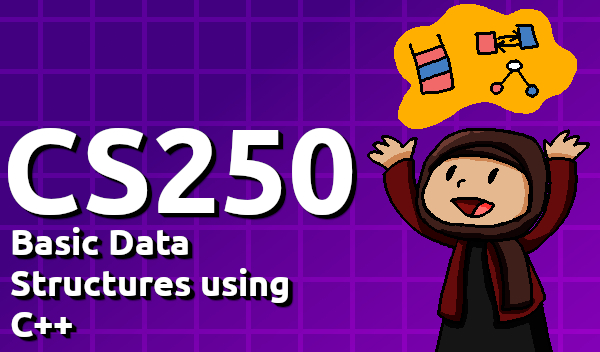 A thumbnail for CS 250: Basic Data Structures using C++, with a drawing of a student looking happy and course topics glowing above their head.