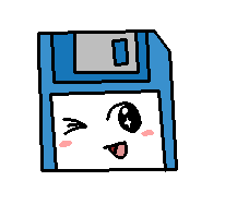 A drawing of a cute computer diskette winking and looking happy.