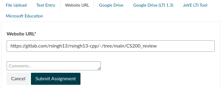 A screenshot of the 'Website URL' upload view in a Canvas assignment, with a GitLab URL pasted in.