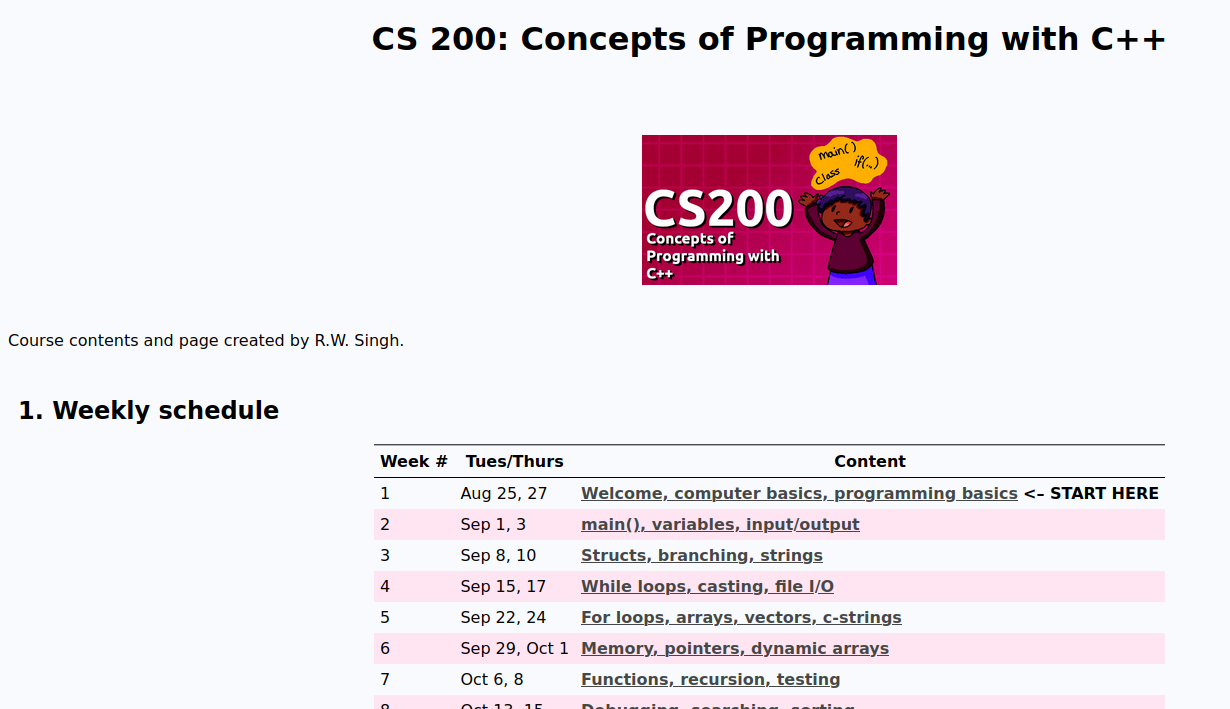 A screenshot of the homepage of a course, with a table of the weeks and topics for the semester.