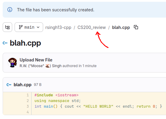 Screenshot the 'breadcrumb' links in GitLab, with an arrow pointing to the 'CS200review' folder to click on.