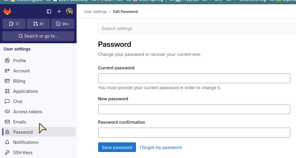 A screenshot of the Change Password screen, including the I Forgot my Password link.