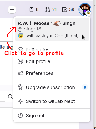 Screenshot of the user clicking on their profile image, then selecting their name to go to their profile.