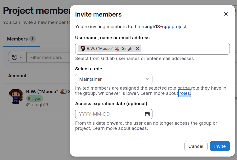 Screenshot of the Invite Members screen, with the instructor being added as a maintainer.
