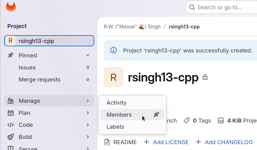 Screenshot of the left sidebar nav for the repository, selecting 'Manage' and then 'Members'.