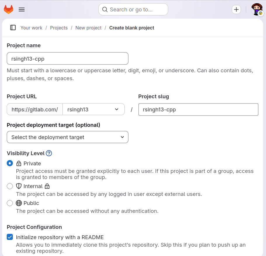 Screenshot of the GitLab new repository screen.