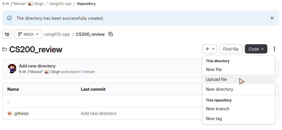 Screenshot of the 'CS200review' folder on the web interface, and selecting 'Upload file'.