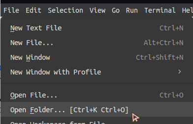 Screenshot of the File dropdown menu with the Open Folder option being selected.