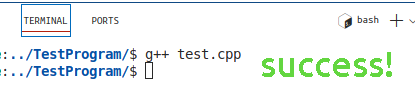 Screenshot of the VS Code terminal and the g++ command executed and returned control back to the user.