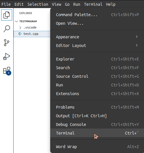 Screenshot of the View dropdown menu and the View Terminal option selected.