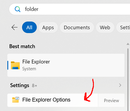 Screenshot of the Windows start menu showing the File Explorer Options.