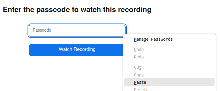 Screenshot of a right-click menu with the 'Paste' option highlighted, above the Zoom passcode textbox.