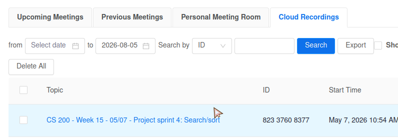 Screenshot of the Cloud Recordings tab in the Zoom view on Canvas.