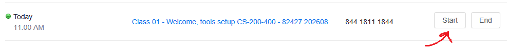 Screenshot of the 'Start' button next to a posted class meeting in the Zoom Canvas interface.