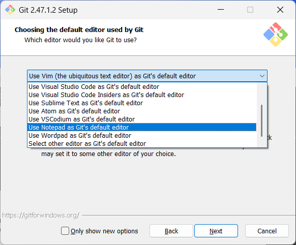 Screenshot of Git installer, 'Choosing the default editor used by Git' screen. The 'Use Notepad as Git's default editor' is selected.