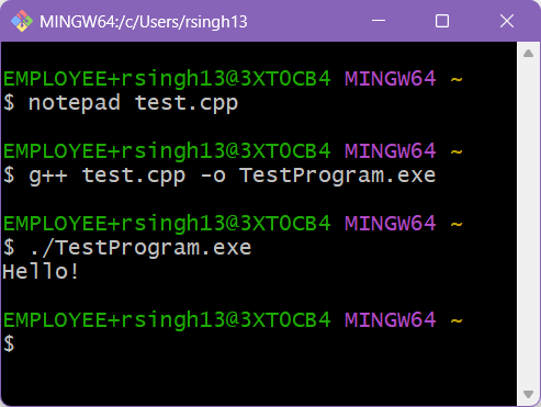 Screenshot of a program being built and run in the terminal.