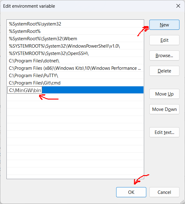 Screenshot of the Edit environment variable window, with the New button highlighted, the MinGW path pasted in, and the OK button highlighted.