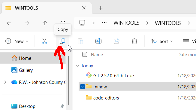 Screenshot of Windows File Explorer, the Copy icon being highlighted.