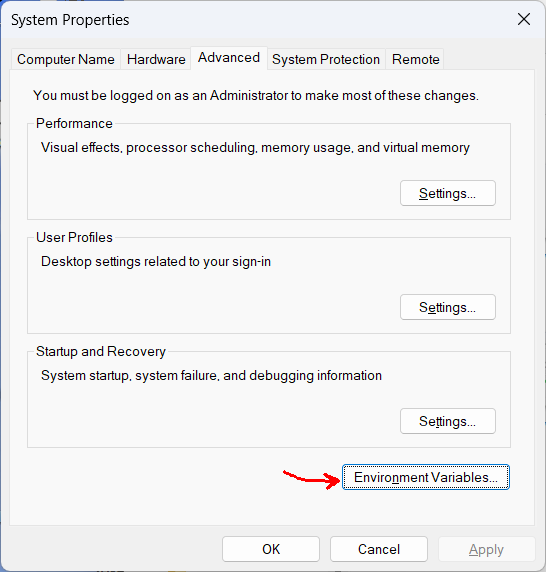 Screenshot of Windows System Properties window with the 'Environment Variables' button highlighted.