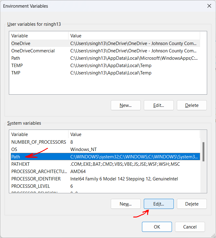 Screenshot of Environment Variables window, with the Path field highlighted and the Edit button selected.