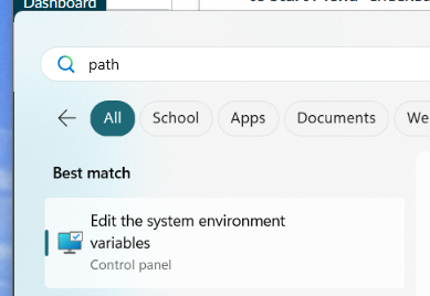Screenshot of the Windows Start menu with the 'Edit the system environment variables' option selected.