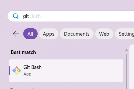 Screenshot of the Git Bash program being selected in the Windows start menu.