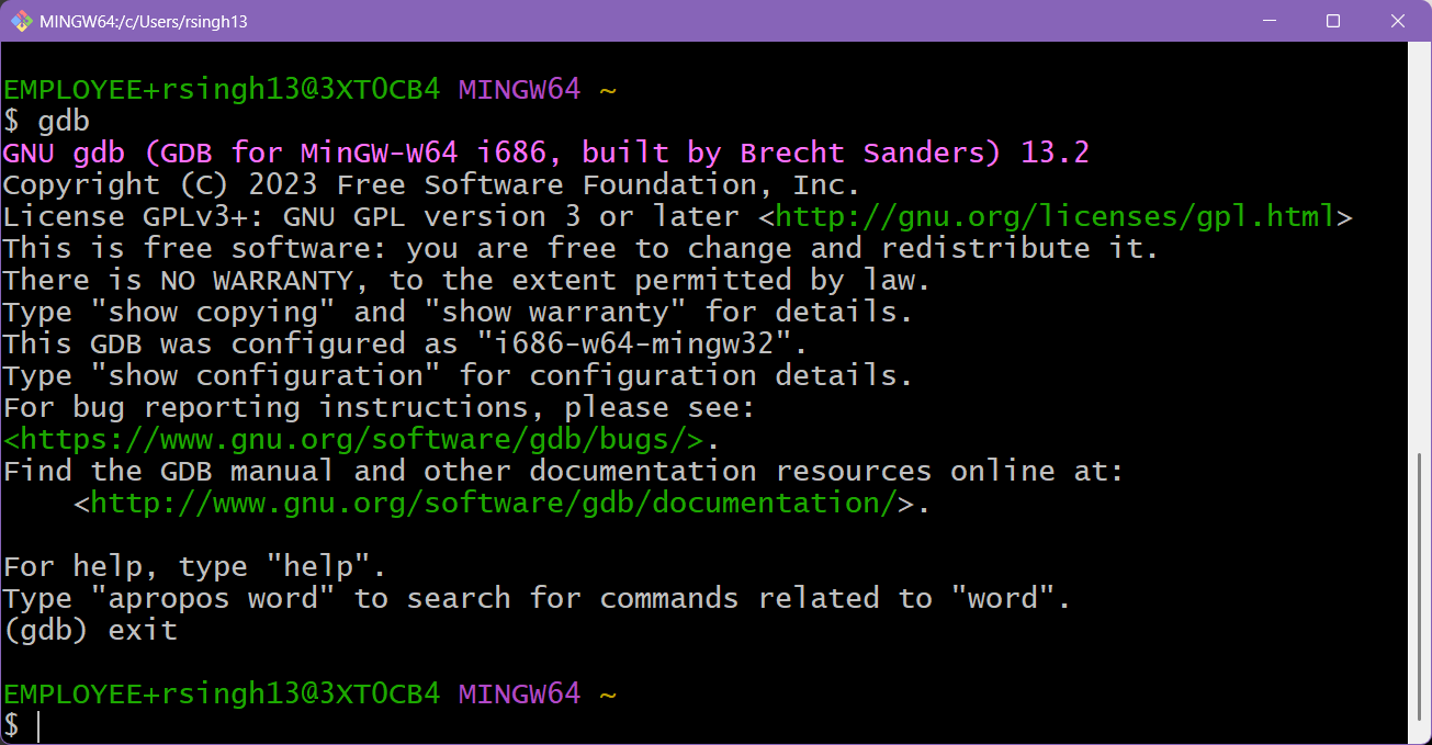 Screenshot of gdb being run in the terminal.